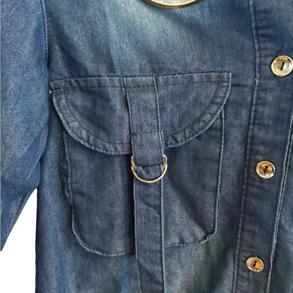 Thrill blue jean button down casual western belted pocket dress shirt 70s vibe - Picture 4 of 5